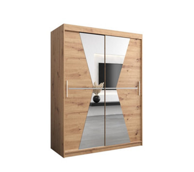 Arte Morocco Contemporary 2 Mirrored Sliding Door Wardrobe 5 Shelves 2 Rails Oak Artisan Effect (H)2000mm (W)1500mm (D)620mm from B&Q