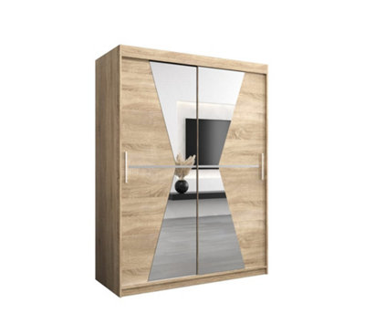 Arte Morocco Contemporary 2 Mirrored Sliding Door Wardrobe 5 Shelves 2 Rails Oak Sonoma Effect (H)2000mm (W)1500mm (D)620mm from B&Q