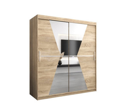 Arte Morocco Contemporary 2 Mirrored Sliding Door Wardrobe 9 Shelves 2 Rails Oak Sonoma Effect (H)2000mm (W)1800mm (D)620mm from B&Q