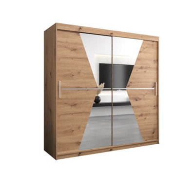 Arte Morocco Contemporary 2 Mirrored Sliding Door Wardrobe 9 Shelves 2 Rails Oak Artisan Effect (H)2000mm (W)2000mm (D)620mm from B&Q