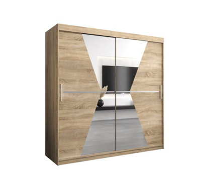 Arte Morocco Contemporary 2 Mirrored Sliding Door Wardrobe 9 Shelves 2 Rails Oak Sonoma Effect (H)2000mm (W)2000mm (D)620mm from B&Q