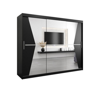 Arte Morocco Contemporary 3 Mirrored Sliding Door Wardrobe 9 Shelves 2 Rails Black Matt (H)2000mm (W)2500mm (D)620mm from B&Q