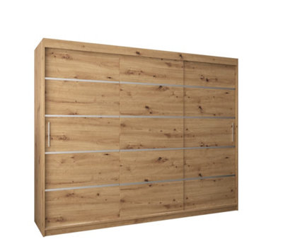 Arte Verona 01 Contemporary 3 Sliding Door Wardrobe 9 Shelves 2 Rails Oak Artisan Effect (H)2000mm (W)2500mm (D)620mm from B&Q