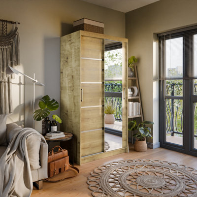 Arte Verona 02 Contemporary 2 Mirrored Sliding Door Wardrobe 5 Shelves 2 Rails Oak Artisan Effect (H)2000mm (W)1000mm (D)620mm from B&Q