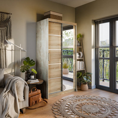 Arte Verona 02 Contemporary 2 Mirrored Sliding Door Wardrobe 5 Shelves 2 Rails Oak Sonoma Effect (H)2000mm (W)1000mm (D)620mm from B&Q