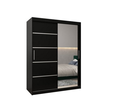 Arte Verona 02 Contemporary 2 Mirrored Sliding Door Wardrobe 5 Shelves 2 Rails Black Matt (H)2000mm (W)1500mm (D)620mm from B&Q