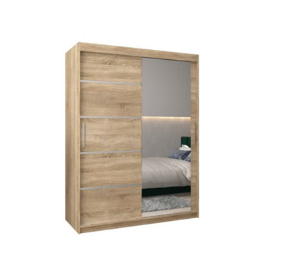Arte Verona 02 Contemporary 2 Mirrored Sliding Door Wardrobe 5 Shelves 2 Rails Oak Sonoma Effect (H)2000mm (W)1500mm (D)620mm from B&Q