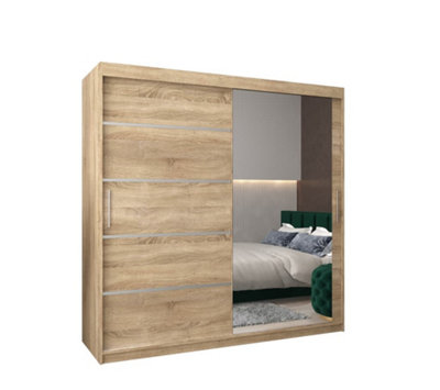 Arte Verona 02 Contemporary 2 Mirrored Sliding Door Wardrobe 9 Shelves 2 Rails Oak Sonoma Effect (H)2000mm (W)2000mm (D)620mm from B&Q