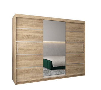 Arte Verona 02 Contemporary 3 Mirrored Sliding Door Wardrobe 9 Shelves 2 Rails Oak Sonoma Effect (H)2000mm (W)2500mm (D)620mm from B&Q