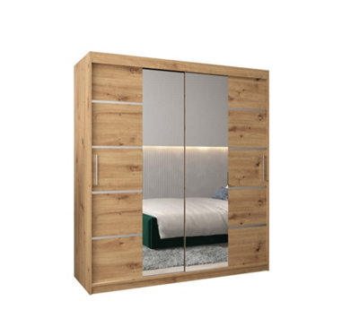 Arte Verona 04 Contemporary 2 Mirrored Sliding Door Wardrobe 9 Shelves 2 Rails Oak Artisan Effect (H)2000mm (W)1800mm (D)620mm from B&Q