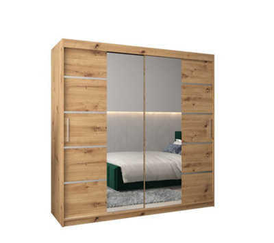 Arte Verona 04 Contemporary 2 Mirrored Sliding Door Wardrobe 9 Shelves 2 Rails Oak Artisan Effect (H)2000mm (W)2000mm (D)620mm from B&Q