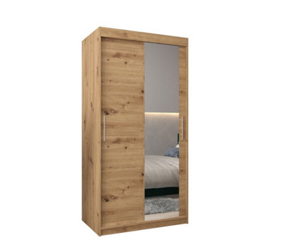 Arte Tokyo 02 Contemporary Mirrored 2 Sliding Door Wardrobe 5 Shelves 2 Rails Oak Artisan Effect (H)2000mm (W)1000mm (D)620mm from B&Q