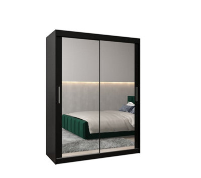 Arte Tokyo 03 Contemporary Mirrored 2 Sliding Door Wardrobe 5 Shelves 2 Rails Black Matt (H)2000mm (W)1500mm (D)620mm from B&Q