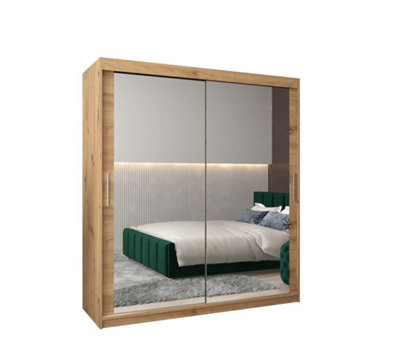 Arte Tokyo 03 Contemporary Mirrored 2 Sliding Door Wardrobe 9 Shelves 2 Rails Oak Artisan Effect (H)2000mm (W)1800mm (D)620mm from B&Q