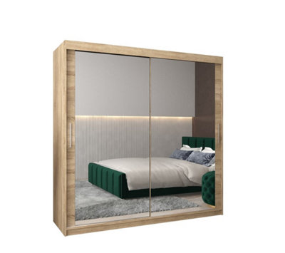 Arte Tokyo 03 Contemporary Mirrored 2 Sliding Door Wardrobe 9 Shelves 2 Rails Oak Sonoma Effect (H)2000mm (W)2000mm (D)620mm from B&Q