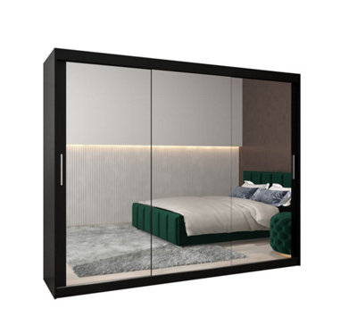 Arte Tokyo 03 Contemporary Mirrored 3 Sliding Door Wardrobe 9 Shelves 2 Rails Black Matt (H)2000mm (W)2500mm (D)620mm from B&Q