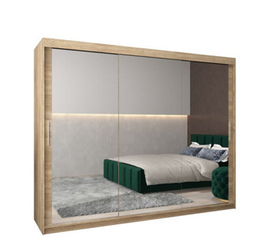 Arte Tokyo 03 Contemporary Mirrored 3 Sliding Door Wardrobe 9 Shelves 2 Rails Oak Sonoma Effect (H)2000mm (W)2500mm (D)620mm from B&Q