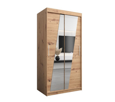 Arte Rhomb Contemporary Mirrored 2 Sliding Door Wardrobe 5 Shelves 2 Rails Oak Artisan Effect (H)2000mm (W)1000mm (D)620mm from B&Q