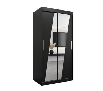 Arte Rhomb Contemporary Mirrored 2 Sliding Door Wardrobe 5 Shelves 2 Rails Black Matt (H)2000mm (W)1000mm (D)620mm from B&Q