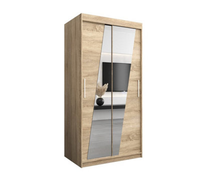 Arte Rhomb Contemporary Mirrored 2 Sliding Door Wardrobe 5 Shelves 2 Rails Oak Sonoma Effect (H)2000mm (W)1000mm (D)620mm from B&Q
