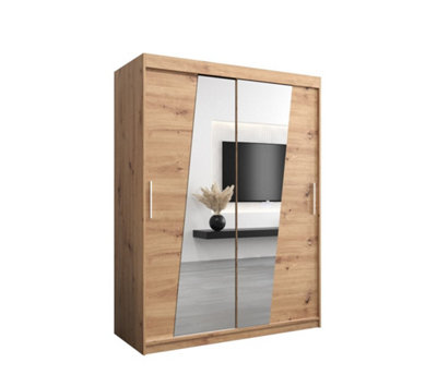 Arte Rhomb Contemporary Mirrored 2 Sliding Door Wardrobe 5 Shelves 2 Rails Oak Artisan Effect (H)2000mm (W)1500mm (D)620mm from B&Q