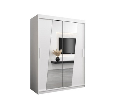 Arte Rhomb Contemporary Mirrored 2 Sliding Door Wardrobe 5 Shelves 2 Rails White Matt (H)2000mm (W)1500mm (D)620mm from B&Q