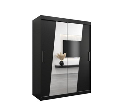 Arte Rhomb Contemporary Mirrored 2 Sliding Door Wardrobe 5 Shelves 2 Rails Black Matt (H)2000mm (W)1500mm (D)620mm from B&Q