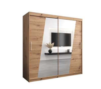Arte Rhomb Contemporary Mirrored 2 Sliding Door Wardrobe 9 Shelves 2 Rails Oak Artisan Effect (H)2000mm (W)2000mm (D)620mm from B&Q