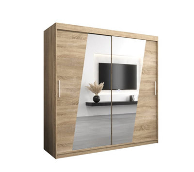 Arte Rhomb Contemporary Mirrored 2 Sliding Door Wardrobe 9 Shelves 2 Rails Oak Sonoma Effect (H)2000mm (W)2000mm (D)620mm from B&Q