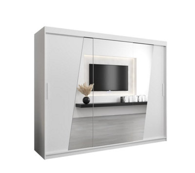 Arte Rhomb Contemporary Mirrored 3 Sliding Door Wardrobe 9 Shelves 2 Rails White Matt (H)2000mm (W)2500mm (D)620mm from B&Q