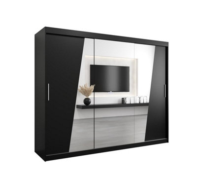 Arte Rhomb Contemporary Mirrored 3 Sliding Door Wardrobe 9 Shelves 2 Rails Black Matt (H)2000mm (W)2500mm (D)620mm from B&Q