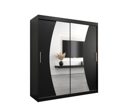 Arte Wave Contemporary 2 Mirrored Sliding Door Wardrobe 9 Shelves 2 Rails Black Matt (H)2000mm (W)1800mm (D)620mm from B&Q