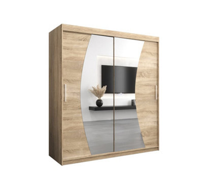Arte Wave Contemporary 2 Mirrored Sliding Door Wardrobe 9 Shelves 2 Rails Oak Sonoma Effect (H)2000mm (W)1800mm (D)620mm from B&Q