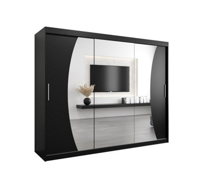 Arte Wave Contemporary 3 Mirrored Sliding Door Wardrobe 9 Shelves 2 Rails Black Matt (H)2000mm (W)2500mm (D)620mm from B&Q
