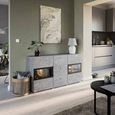 Arte Baros 26 Contemporary Display Sideboard Cabinet 2 Hinged Doors 2 Shelves 3 Drawers Concrete Grey (H)700mm (W)1320mm (D)390mm from B&Q