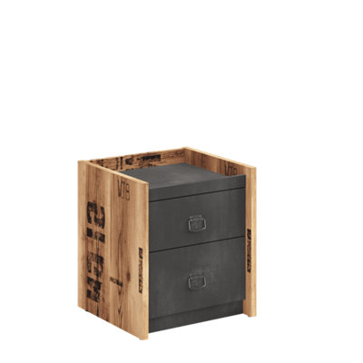 Arte Fargo Contemporary Bedside Table 2 Drawers Raw Steel & Canyon Alpine Spruce Effect (H)500mm (W)450mm (D)420mm from B&Q