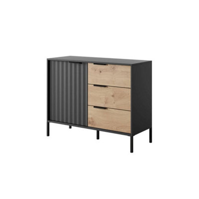 Arte Rave D Contemporary Sideboard Cabinet 1 Hinged Doors 1 Shelf 3 Drawers Black & Oak Artisan Effect (H)820mm (W)1030mm (D)400mm from B&Q