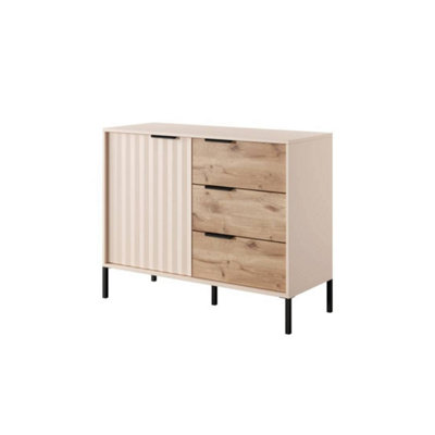 Arte Rave D Contemporary Sideboard Cabinet 1 Hinged Doors 1 Shelf 3 Drawers Beige & Oak Viking Effect (H)820mm (W)1030mm (D)400mm from B&Q
