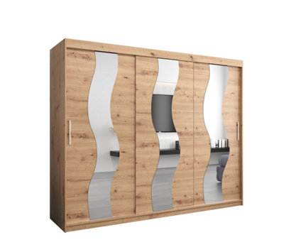 Arte Seville Wavy Mirrored Sliding Door Wardrobe With Shelves And Hanging Rails In Oak Artisan (H)2000mm (W)2500mm (D)620mm from B&Q