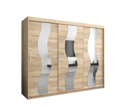 Arte Seville Wavy Mirrored Sliding Door Wardrobe With Shelves And Hanging Rails In Oak Sonoma(H)2000mm (W)2500mm (D)620mm from B&Q