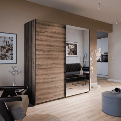 Arte Beta Sliding Door Mirrored Wardrobe In Oak MonasterySpacious Wardrobe With Shelves And Hanging Rail W2000mm X H2100mm X D600mm from B&Q