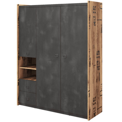 Arte Spacious Fargo Hinged Wardrobe With Drawers And Shelves In Raw Steel & Canyon Alpine Spruce (W1500mm X H1900mm X D520mm) from B&Q