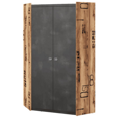 Arte Funky Fargo Corner Wardrobe With Shelves And Hanging Rails In Raw Steel & Canyon Alpine Spruce (W970mm X H1910mm X D970mm) from B&Q