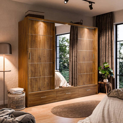 Arte Modern Lux Wardrobe With Shelves And Mirrored Door In Oak SterlingLed Lit Storage Solution (H2150mm W2500mm D630mm) from B&Q