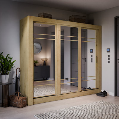 Arte Lux Ii Modern Mirrored Sliding Door Wardrobe (H2150mm W2500mm D600mm)Oak Artisan from B&Q