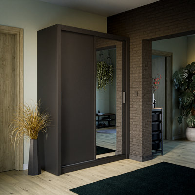 Arte Lux Iv Sliding Door Mirrored Wardrobe (H2150mm W1500mm D600mm)Black Matt from B&Q