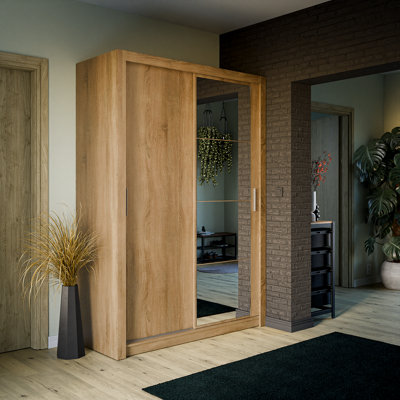 Arte Lux Iv Sliding Door Wardrobe W1500mm H2150mm D600mmElegant Oak Shetland With Reflective Door from B&Q