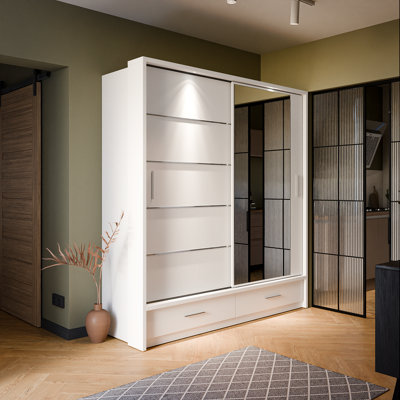 Arte Lux VWhite Sliding Door Mirrored Wardrobe With Shelves And Drawers (H2150mm W2000mm D600mm) from B&Q