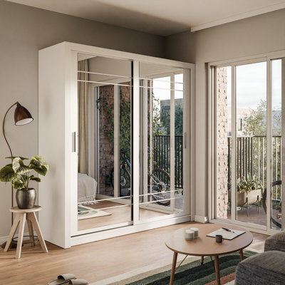 B&Q - Arten Lux Viii White Matt Mirrored 2 Door Sliding Wardrobe 203Cm With 8 Shelves & Hanging Rail