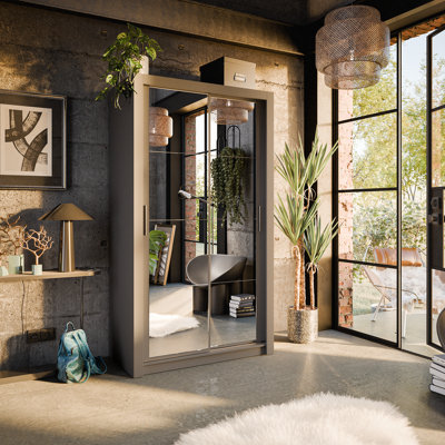 Arte Lux XixModern Grey Mirrored Sliding Door Wardrobe (H2150mm W1200mm D600mm) With Customisable Interior Layout from B&Q